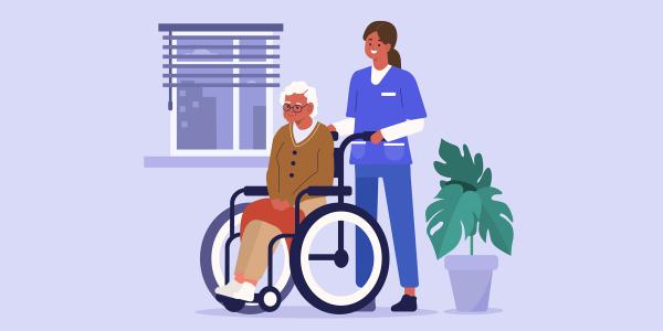 Illustration of an elderly woman in a wheelchair with her carer