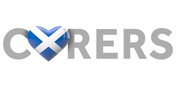 Image of the word carers with a heart with a Scottish flag replacing the A
