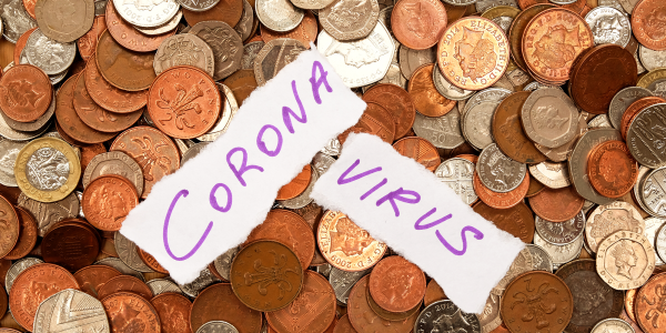 Image of scattered coins and paper with coronavirus written on it