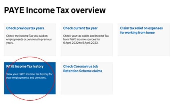 PAYE INCOME TAX REVIEW. various boxes of information with one circled and highlighted in blue, this reads: PAYE income tax history - view all of your PAYE income tax history for your employments and pensions.