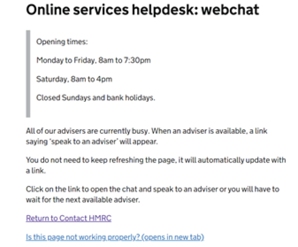 HMRC online services helpdesk webchat screenshot