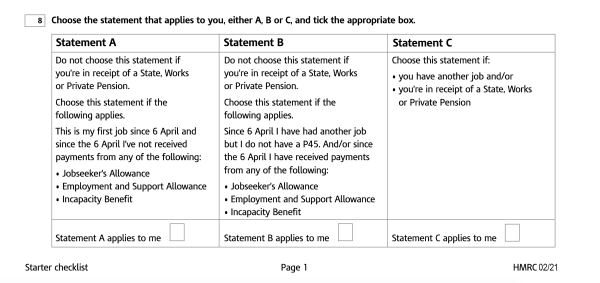 Illustration of section 8 of the HMRC Starter Checklist