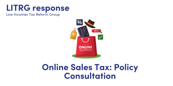 LITRG response - Online Sales Tax: Policy Consultation. Illustration of products flying out of a red bag with "online shopping" written on it.